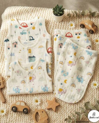 Firstmama™ Newborn Starter Kit – 3 Prints Muslin Jabla & 5-Layer Nappy (Langot) Set | 100% Muslin Cotton