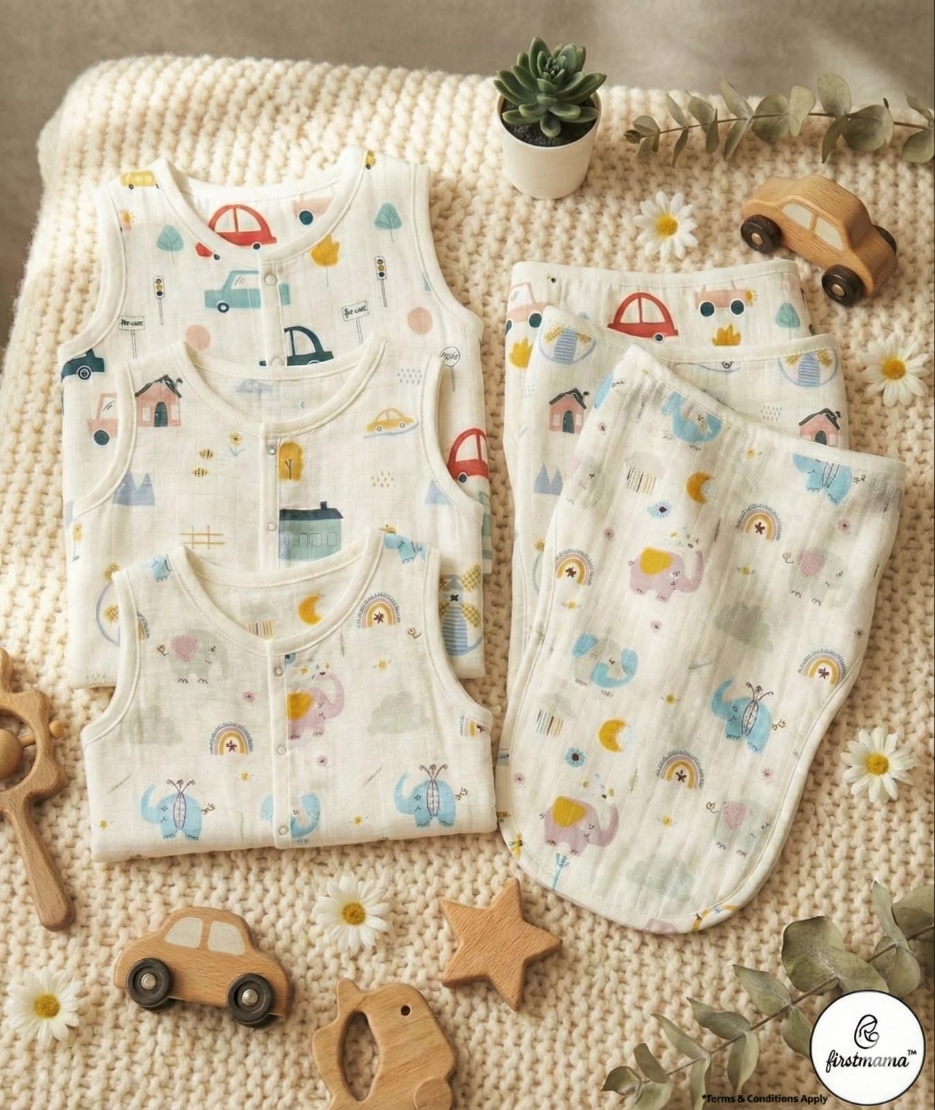 Firstmama™ Newborn Starter Kit – 3 Prints Muslin Jabla & 5-Layer Nappy (Langot) Set | 100% Muslin Cotton